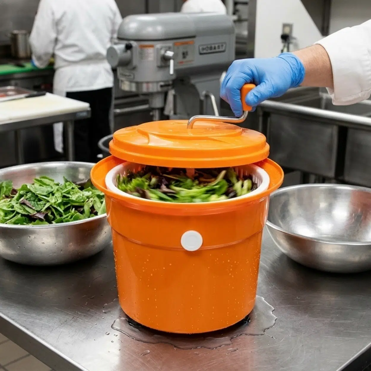 orange salad spinner in hospitality setting