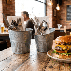 cutlery holders with burger and cutlery at a restaurant