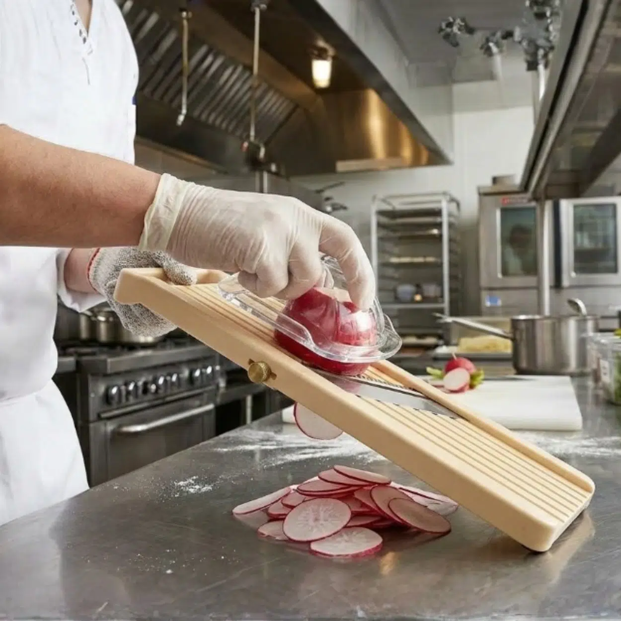 mandoline slicer in restaurant cutting up radish