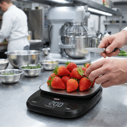 hospitality kitchen scale measuring strawberries