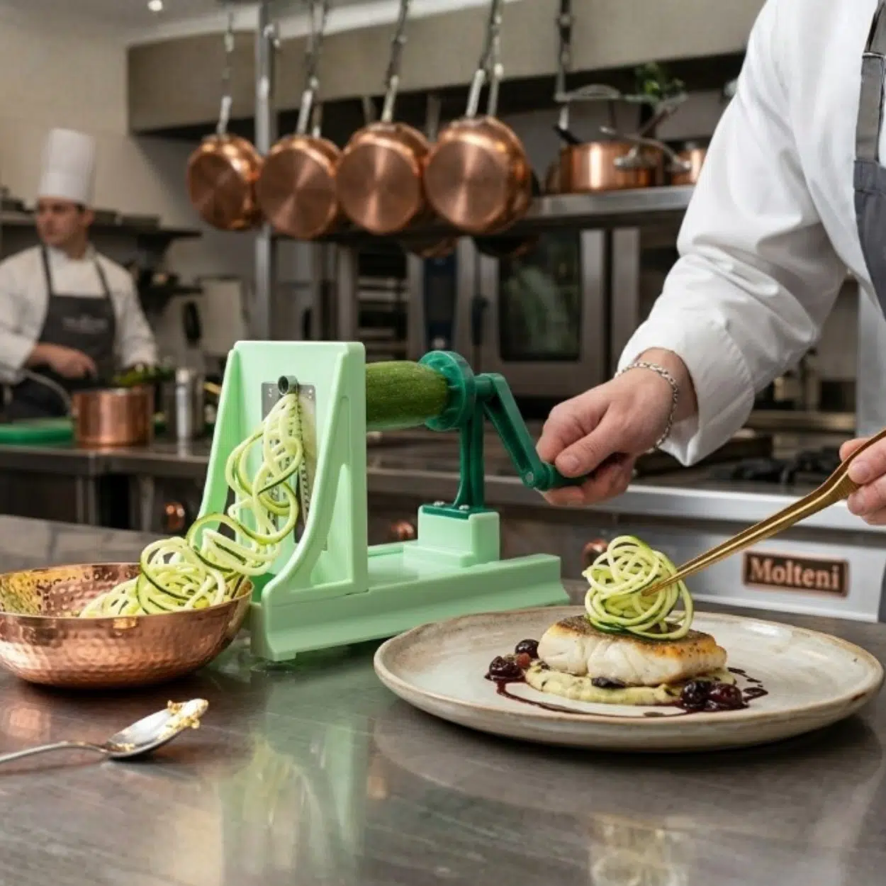 Kh hands on Turning Slicer 19107 in a kitchen making a zuccini garnish in a restaurant
