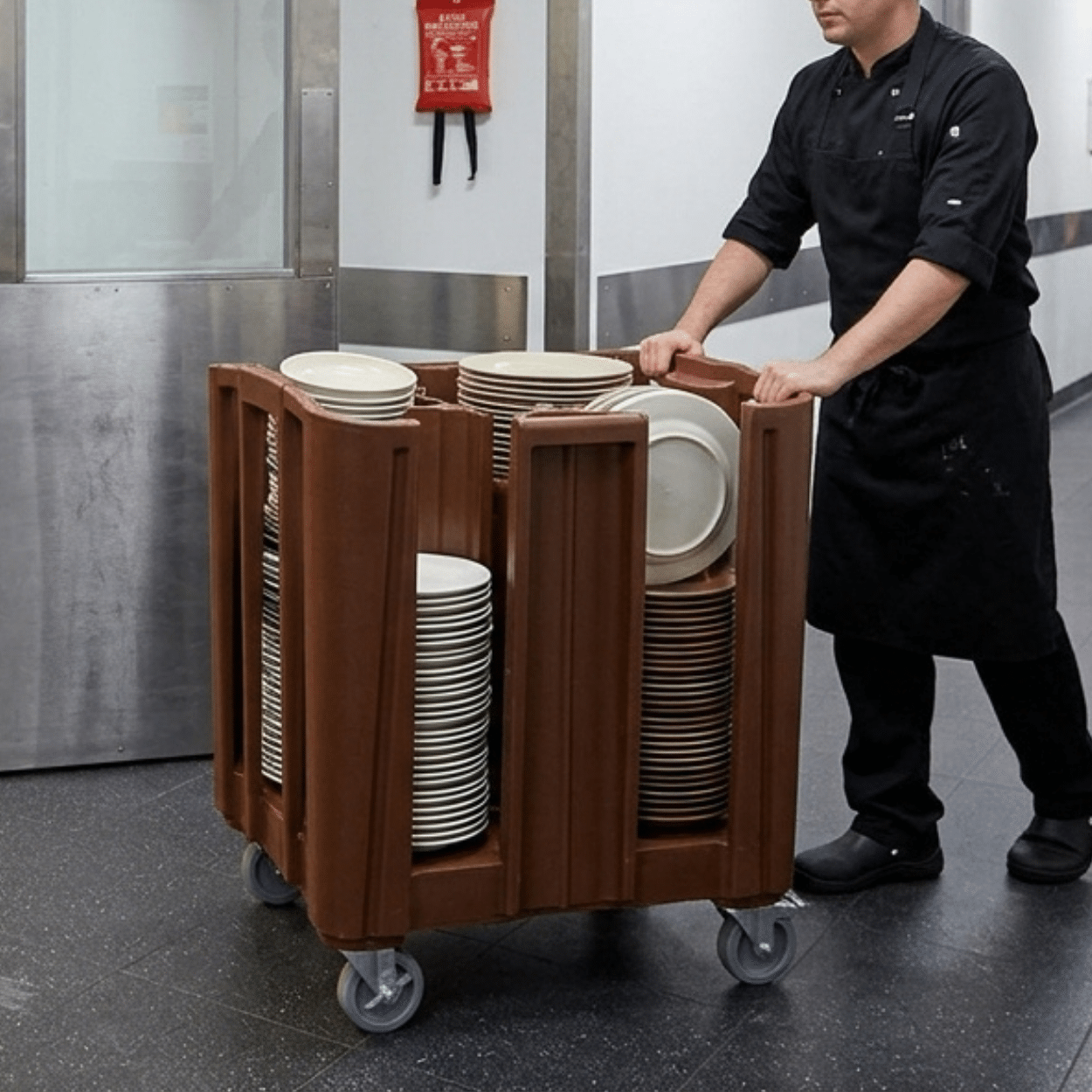 plate cart being pushed into hospitality venue